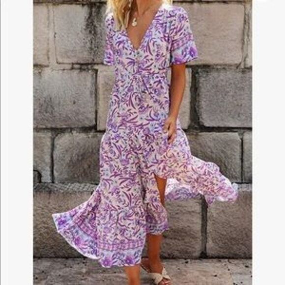 New Boho Floral Print Cotton Short Sleeve Flowy Dress - Picture 3 of 6